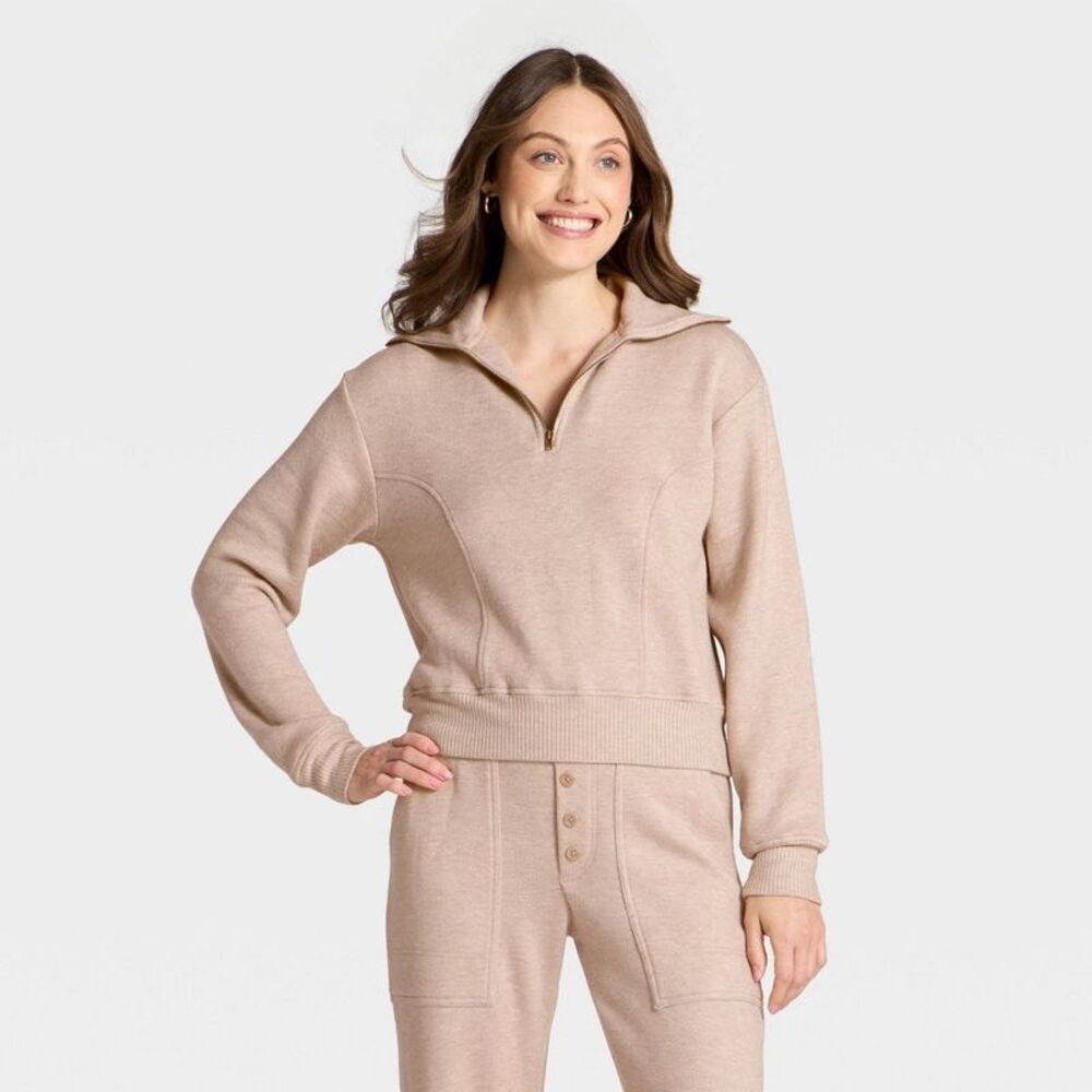 Women's Quarter Zip Pullover Sweatshirt - Universal Thread Heather Oatmeal XS